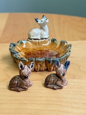 Set of 3 Vintage Spotted Fawn Deer Wade England Tree Trunk Ashtray & Figurines